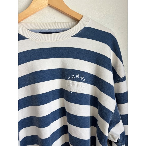 Tommy Hilfiger Blue White Striped Cropped Sweatshirt Cotton Logo Large - Picture 3 of 6